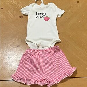 New DTF print on Carter's White and Pink Berry Bodysuit with generic shorts